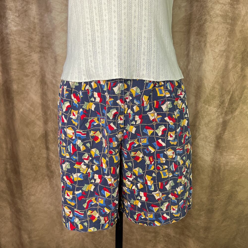 Vintage Lizsport Graphic Print Shorts 90s Boating Flag Pattern High Waist Summer